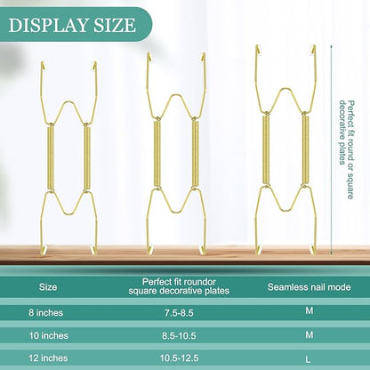 Hotop 12 Pieces Plate Hangers for Wall Stainless Steel Wire Invisible Heavy Duty Plate Hangers Display Holders with 12 Pieces Hooks for Wall Decorative(8/10/12 Inch,Gold)