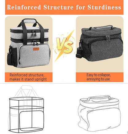 Double Decker XLarge Lunch Box, Insulated Heavy Duty Lunch Bag Waterproof Leakproof Durable Cooler Bag for Men Women Adults Work Picnic Camping Trip, 22L, Grey
