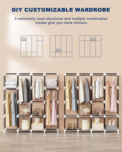 Mavivegue Portable Closet Wardrobe, Clothes Organizer with 4 Hanging Rods, Non-Woven Fabric Cover, Large Capacity Storage for Bedroom and Living Room,Gray, 67" W x 17" D x 67" H