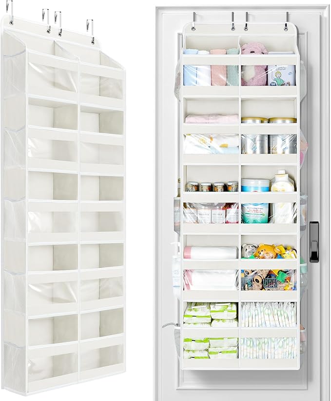 Yecaye 5-Tier Over The Door Organizer Dual-Column, 80lbs Load Extra Large Over The Door Storage of 10 Compartments, Heavy Duty Door Organizer Hanging for Closet Dorm Bathroom Pantry, Cream White