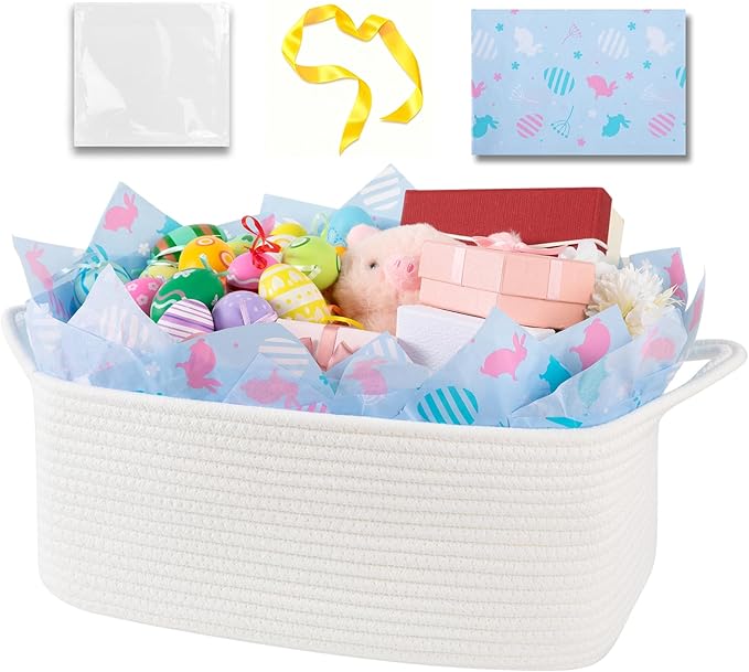 OIAHOMY 19L Woven Basket, Gift Basket Empty with Gift Bags Ribbons and Wrap Tissue Paper, Rope Baskets for Baby Showers, Storage Baskets with Handles for Nursery Pet Toy Organizer - Easter White