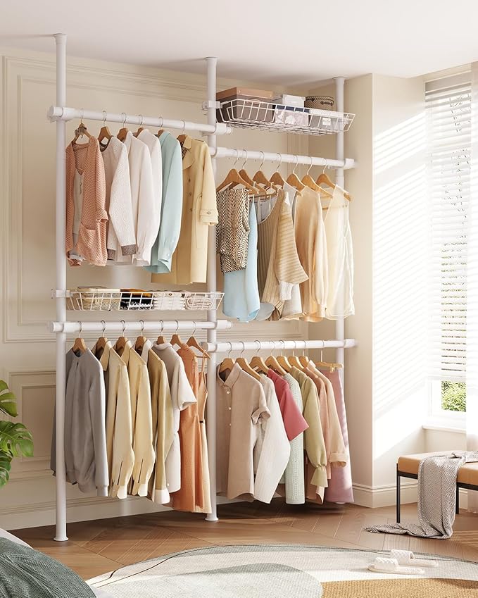 Floor-to-Ceiling Clothing Rack with 2 Wire Storage Baskets, 4 Hanging Rods, Adjustable Tension Closet Organizer for Bedroom, Walk-In Closet, Laundry Room, 4-Pole, White