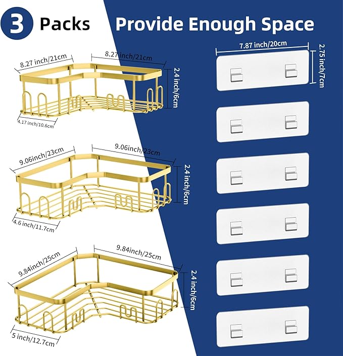 Menbyci 3 Pack Corner Shower Caddy, Adhesive Bathroom Shelves with 18 Hooks, Drill-Free & Quick-Dry Shower Organizer with Large Capacity, Rustproof Stainless Steel Bathroom Corner Storage Rack, Gold