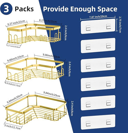 Menbyci 3 Pack Corner Shower Caddy, Adhesive Bathroom Shelves with 18 Hooks, Drill-Free & Quick-Dry Shower Organizer with Large Capacity, Rustproof Stainless Steel Bathroom Corner Storage Rack, Gold