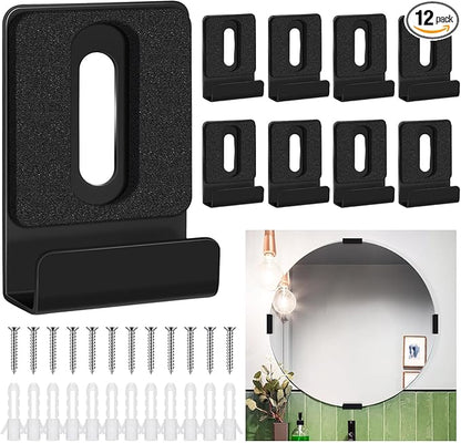 12 Pcs Metal Mirror Holder Clips for Wall Mounting Heavy Duty Frameless Mirror Hangers Hooks Hardware Mounting Clip for Wall Tile Billboard Display(Black,1/4 Inch)