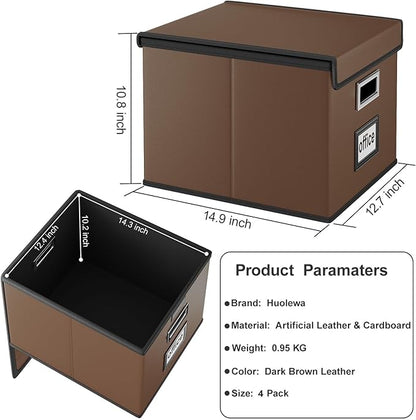 Huolewa File Organizer Box with Lid, Collapsible Leather File Folder Organizer for Office Document Storage, Filing Box with Plastic Slide for Letter/Legal Size Hanging Files, Dark Brown, 4 pack