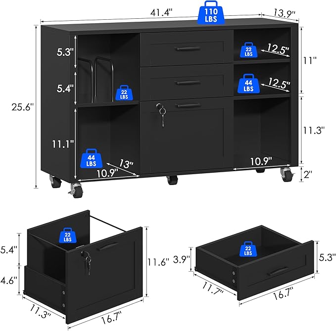 3 Drawer Wood Mobile Large lateral File Cabinet with Lock, Lockable Rolling Filing Cabinet with Open Storage Shelves, Printer Stand Office Storage for Home Office Fits Files Legal/A4, Black