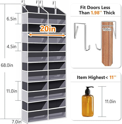 Heavy Duty Over The Door Organizer 6 Tiers, Extra Large Behind Door Storage of 12 Big Front & 12 Mesh Pockets, 80lb Weight Capacity, Hanging Doors Storage Organizer for Closet Bedroom Nursery, Grey