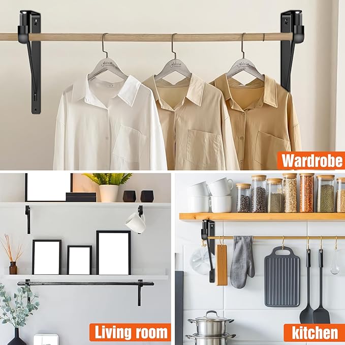 Pisman Closet Rod Bracket Heavy Duty,Shelf Bracket with Rod Holder- Black Closet Rod Support & Closet Shelf and Rod Bracket for Storage, 10 Inch 2pcs
