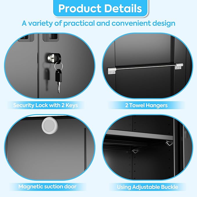 Broom Closet Storage Cabinet with Wheels, 5 Pegboard and 13 Hooks, Metal Garage Storage Cabinet with Doors and 4 Adjustable Shelves for Garage Home Bathroom, 17.7" D x 33.5" W x 70.87" H, Black