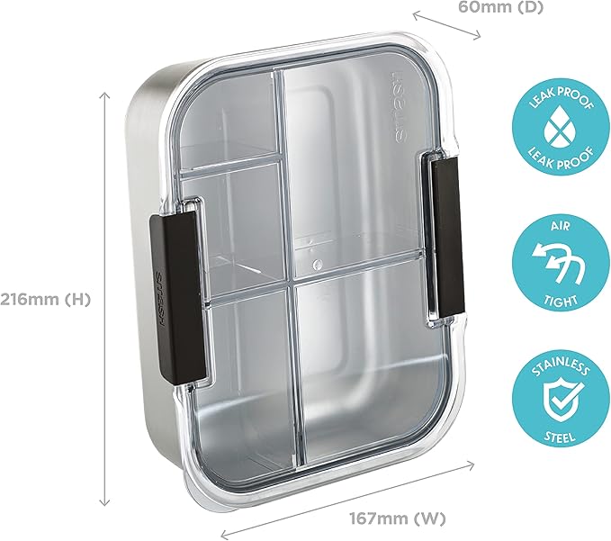 Smash Stainless Steel Bento Lunch Box, 5 Compartments, Black 47.3 fl oz