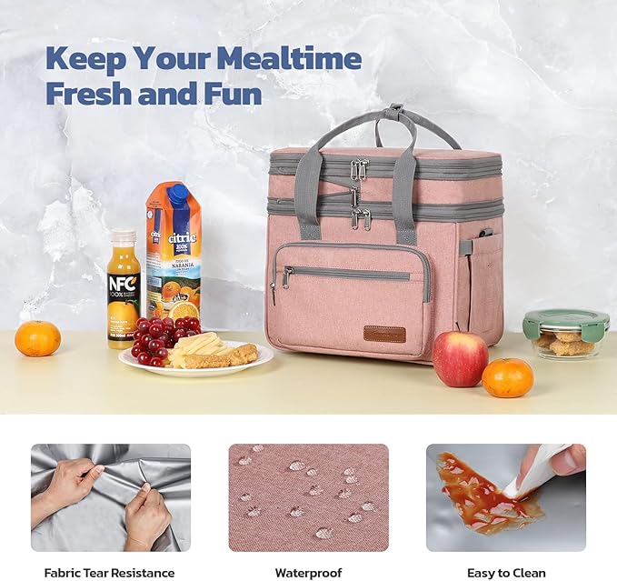 Maelstrom Lunch Bag Women,23L Insulated Lunch Box For Men Women,Expandable Double Deck Lunch Cooler Bag,Lightweight Leakproof Lunch Tote Bag With Side Tissue Pocket,Pink