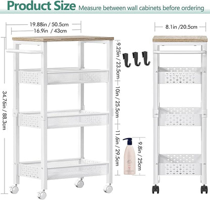 Utility Slim Storage Cart with Wheels, 4 Tier Small Rolling Cart with Wood Top, Metal Kitchen Bathroom Laundry Room Organization Trolley with Handle for Narrow Space - White