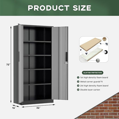 Greenvelly Metal Storage Cabinet,72" Locking Metal Garage Storage Cabinet with Doors and 4 Adjustable Shelves, Lockable Steel Cabinet for Home Office, Garage, Shop, School (Black Grey 32" W x 16" D)