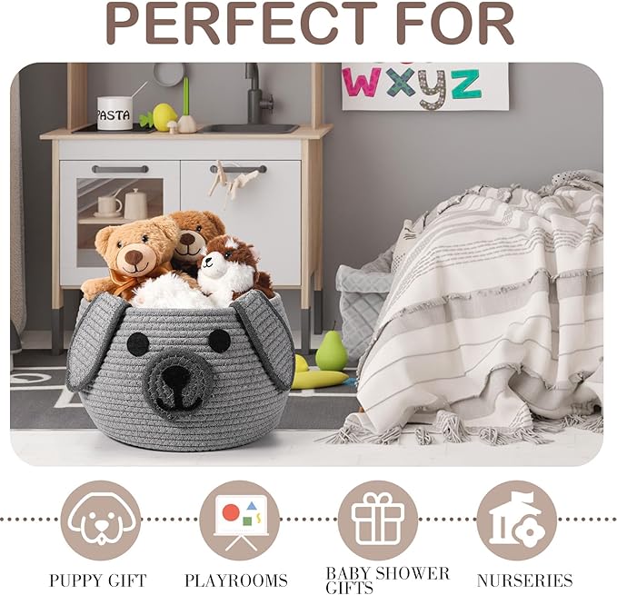 Zopeal Dog Woven Basket Cute Woven Cotton Rope Puppy Animal Storage Basket for Laundry Toy Gift(Gray,13 x 8 Inch)