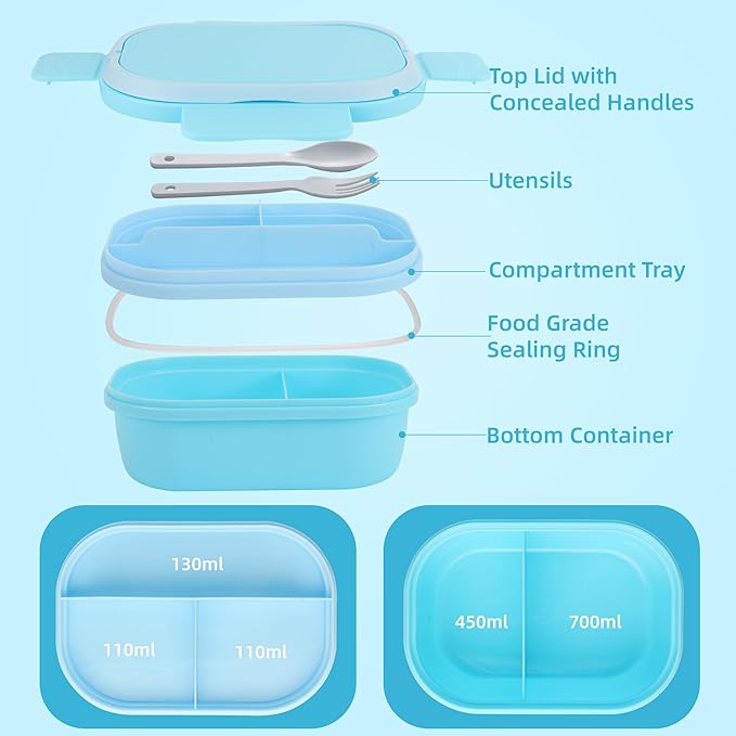 Leakproof Lunch Box, Drop-Proof Bento Box for Kids & Adults, BPA-Free Lunch Containers with Sleek Handles & Utensils, Microwave & Dishwasher Safe (Blue)