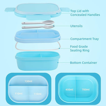 Leakproof Lunch Box, Drop-Proof Bento Box for Kids & Adults, BPA-Free Lunch Containers with Sleek Handles & Utensils, Microwave & Dishwasher Safe (Blue)
