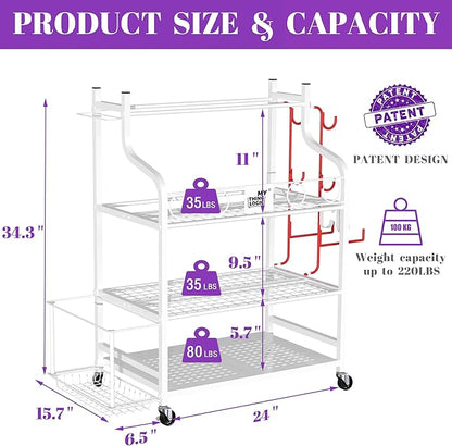 Mythinglogic Yoga Mat Storage Racks,Home Gym Storage Rack for Dumbbells Kettlebells Foam Roller, Yoga Strap and Resistance Bands, Workout Equipment Storage Organizer With Hooks and Wheels
