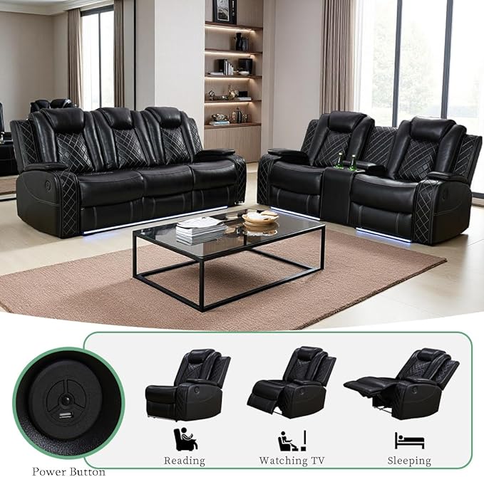 Breathing Leather Power Reclining Sofa Set, Living Room Furniture Sets, Power Recliner Sofa Couch Loveseat with 3 Recliner Seats/LED Light/Cup Holders/Drop-Down Table for Living Room/Office