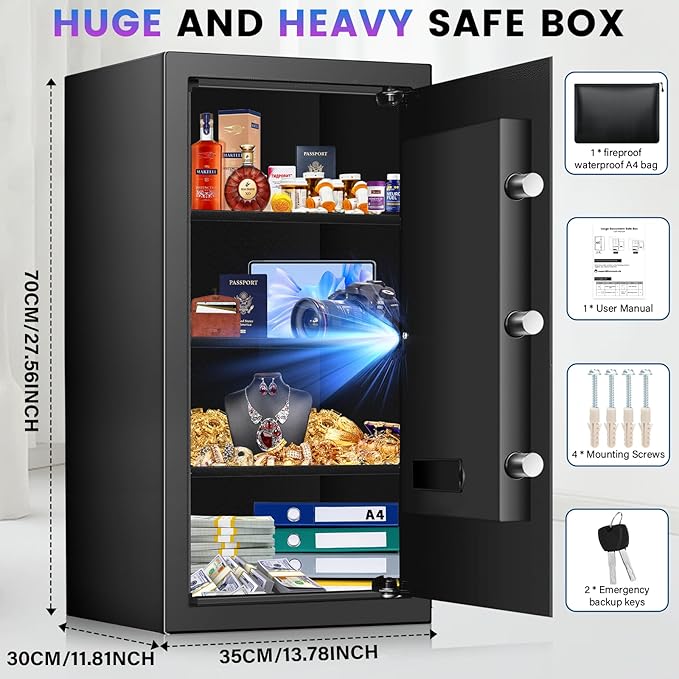 [27.57''] Tall Safe Box, Home Safe with Fireproof Waterproof Bag, 6.0 Cuft Anti-Theft Digital Security Lock Box with Smart Alert System, Removable Shelf, Mute Function, Document Safes for Jewelry