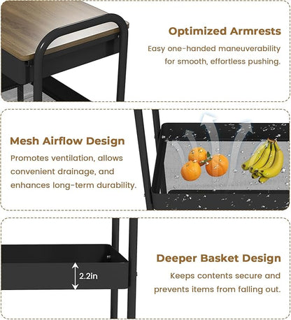 danpinera Rolling Cart with Drawers, Black Storage Cartwith Locked Wheels, Hooks & Hanging Cups for Any Room