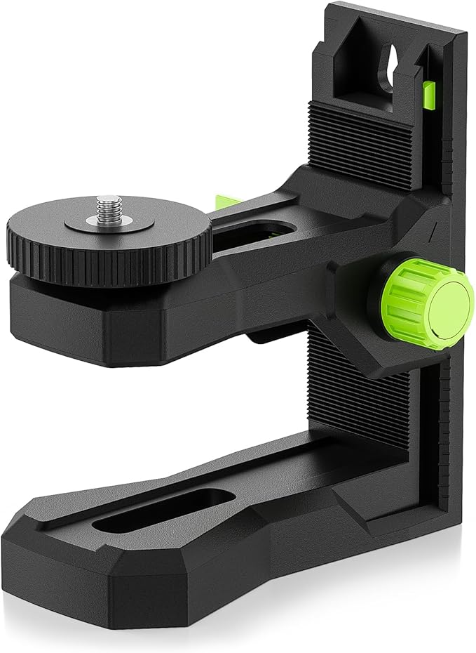 Huepar Fine-tuning Bracket for Line and Point Laser Levels, 1/4"-20 Male Thread L-Shape Magnetic Pivoting Base with 1/4"-20 and 5/8"-11 Female Threaded Mounts on Bottom for Wall & Ceiling Mount - PV12