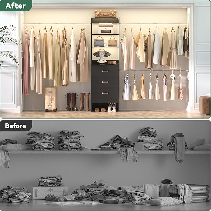 96'' Closet Organizer System with 3 Hanging Rods, 8FT Closet Organizers and Storage with 3 Wooden Drawers, Built in Closet Organizer Systems, Adjustable Walk-in Wardrobe from 5-8FT, Black