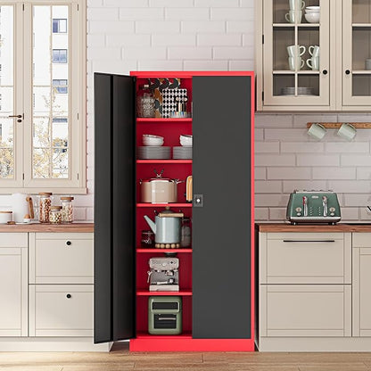 Metal Storage Cabinet-71” Tall Steel File Cabinets with Lockable Doors and Adjustable Shelves-Black&Red Steel Storage Cabinet for Home,Kitchen, School, Office, Garage