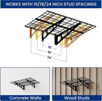 FLEXIMOUNTS 2-Pack 2x6ft Garage Shelving with Hooks, 24-inch-by-72-inch Wall Shelf Garage Storage Racks Floating Shelves, Black, Classic Series