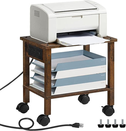 Lerliuo Under Desk Printer Stand with Charging Station, 2 Tier Wooden Small Printer Table with Storage, Rolling Printer Cart Shelf with Lockable Wheels for Home, Office (Brown)