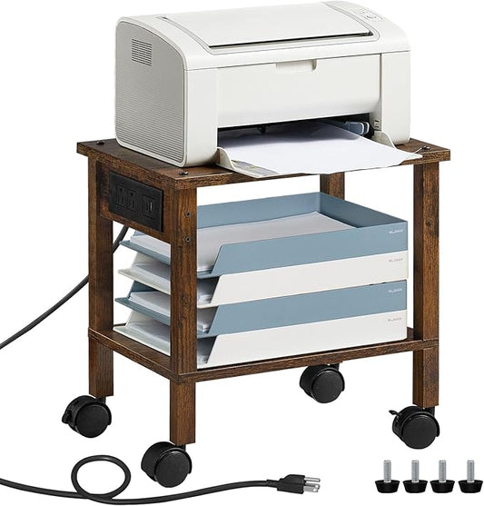 Lerliuo Under Desk Printer Stand with Charging Station, 2 Tier Wooden Small Printer Table with Storage, Rolling Printer Cart Shelf with Lockable Wheels for Home, Office (Brown)