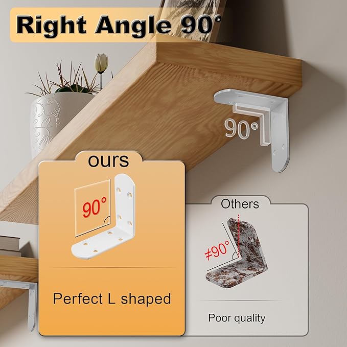 Alise 4Pcs Shelf Brackets White, Stainless Steel Floating Shelf Brackets Corner Brackets, L Brackets for Shelves, 90 Degree Angle Bracket, Heavy Duty Shelf Brackets for Wood Furniture (3.94X3.94 in)