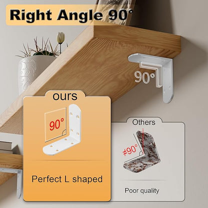 Alise 4Pcs Shelf Brackets White, Stainless Steel Floating Shelf Brackets Corner Brackets, L Brackets for Shelves, 90 Degree Angle Bracket, Heavy Duty Shelf Brackets for Wood Furniture (3.94X3.94 in)