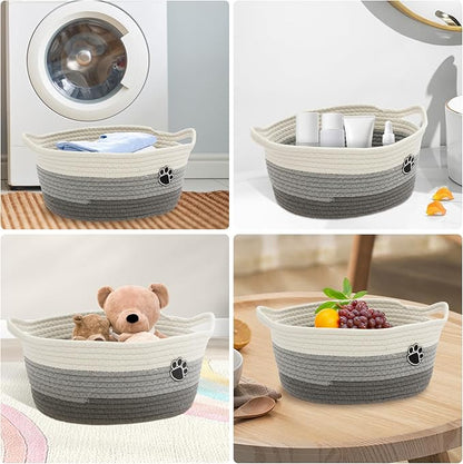 Woven Toy Storage Basket Bin Dog Toy Basket Foldable Cotton Rope Box Multipurpose Woven Case Portable Diaper Organizer Box for Toys Living Room Bathroom (Grey White)