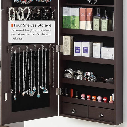 GISSAR Full Length Mirror Jewelry Cabinet, 6 LEDs Jewelry Armoire Wall Mounted Over The Door Hanging, Jewelry Organizer Storage with Lights Lockable, Brown, 14.6" x 47.2"