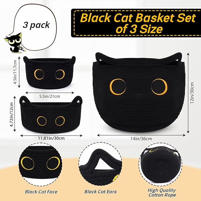 3Pack Black Cat Cute Storage Basket Set for Nursery- Small, Oval, Large Woven Gift Basket, Rope Cotton Bins with Lover Handles, Baby Laundry 0rganizer Shower Towel Blanket Clothes (9/12/15In)