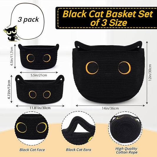 3Pack Black Cat Cute Storage Basket Set for Nursery- Small, Oval, Large Woven Gift Basket, Rope Cotton Bins with Lover Handles, Baby Laundry 0rganizer Shower Towel Blanket Clothes (9/12/15In)