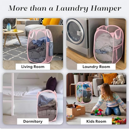 Handy Laundry Collapsible Mesh Pop Up Hamper with Wide Opening and Side Pocket - Breathable, Sturdy, Foldable, and Space-Saving Design for Clothes and Storage (Pink)