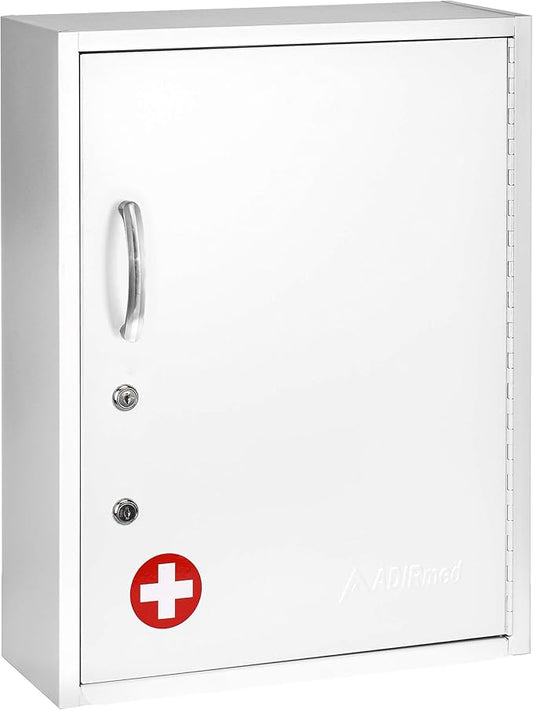 AdirMed White Locking Medication Cabinet with Document Pocket, Metal Wall Mounted Medication Cabinet with Dual Lock and Dual Keys, 21" H x 16" W x 6" D