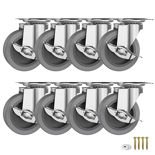 3 Inch Caster Wheels, Casters Set of 4, Heavy Duty Casters with Brake, Locking Castors with Rubber Wheel，Plate Swivel Caster Wheels for Furniture Cart and Workbench,Pack of 8