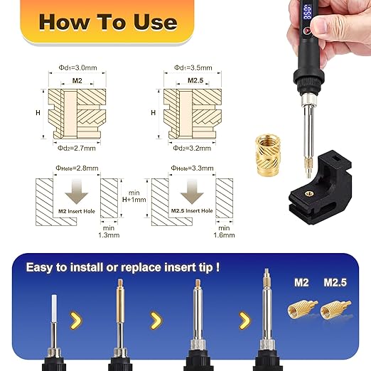 300 Pcs M2 M2.5 Threaded Inserts for Plastic with Heat Set Tips,M2 & M2.5 Heat Set Inserts Kit,Brass Inserts for 3D Pringting
