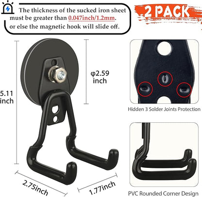 ULIBERMAGNET New Upgraded Large Magnetic Hooks,Strong Heavy Duty Magnet Hooks for Power Drill,Broom,Garden Tools,Pegboard,Garage,Workshop,Hardware, 2 Pack Magnet Storage Holder for Hanging(Black)
