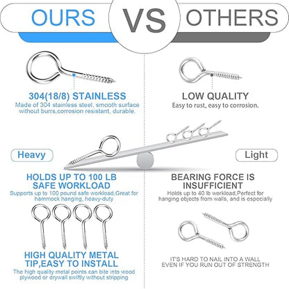 Aovchei Eye Screws, 18Pcs 2.5 inches 304 Heavy Duty Stainless Steel Screw Hooks, Rust-Resistant Self Tapping Eyelet Bolts for Wood, Securing Cables Wires, Indoor & Outdoor for Hanging Artwork