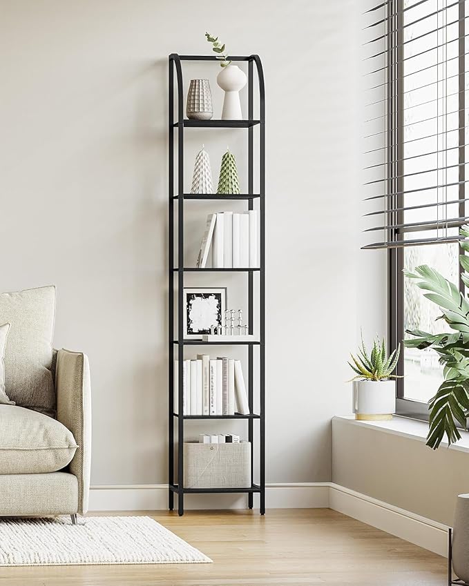 Bookshelf Narrow Bookcase, Tall Storage Rack with Steel Frame, Display Standing Shelf Unit, Skinny Book Shelf for Study Living Room Home Office, Industrial Style, 6-Tier Black BC56004B