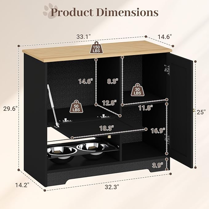 Rovibek Dog Food Storage Cabinet with 2 Raised Dog Bowls, Pet Food Cabinet Feeding Station with Tilt Out Storage Cabinets, Pet Feeding Station for 2 Dogs, Black