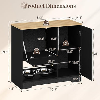 Rovibek Dog Food Storage Cabinet with 2 Raised Dog Bowls, Pet Food Cabinet Feeding Station with Tilt Out Storage Cabinets, Pet Feeding Station for 2 Dogs, Black