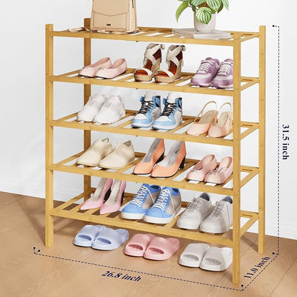Kitsure Bamboo Wooden Shoe Rack for Closet - Stackable Shoe Organizer with Modular Structure, Space-Saving Shoe Shelf for Entryway, Living Room, Bedroom, 26.8" Wide - 5 Tiers, Natural