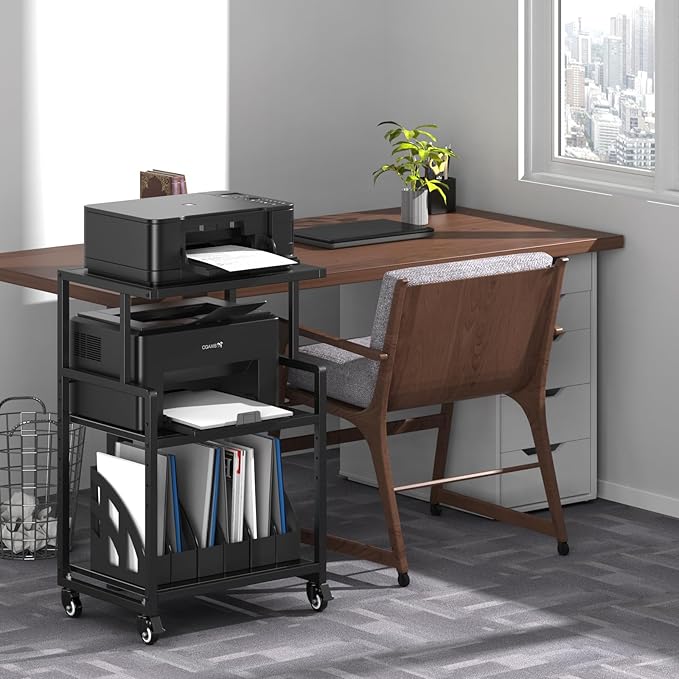 Printer Stand, 3 Tier Mobile Printer Table for Home Office, 21.3 x 15.7 Inch Rolling Height Adjustable Storage Shelf, Printer Cart with Wheels for Heat Press Scanner Fax, Black