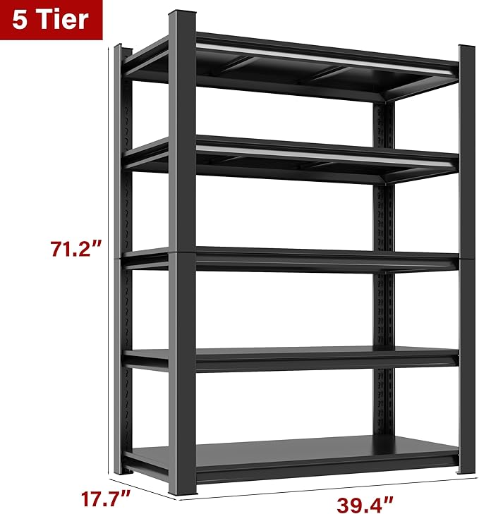 40''W*18''D Metal Garage Shelving Unit, 5-Tier Garage Storage Shelves Heavy Duty, Adjustable Organizer Shelf Upgraded Reinforced Double-Layer Columns for Basement, Garage, Pantry Rack, 72''H, Black