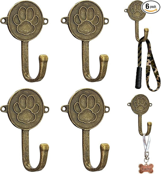 6PC Dog Paw Hooks Wall Mount Pet Leash Hook Cat Leash Holder for Wall Cute Coat Hooks Key Holder for Entryway Hallway Kitchen Office, Great Gift for Dog and Cat Lovers(Antique Brass)